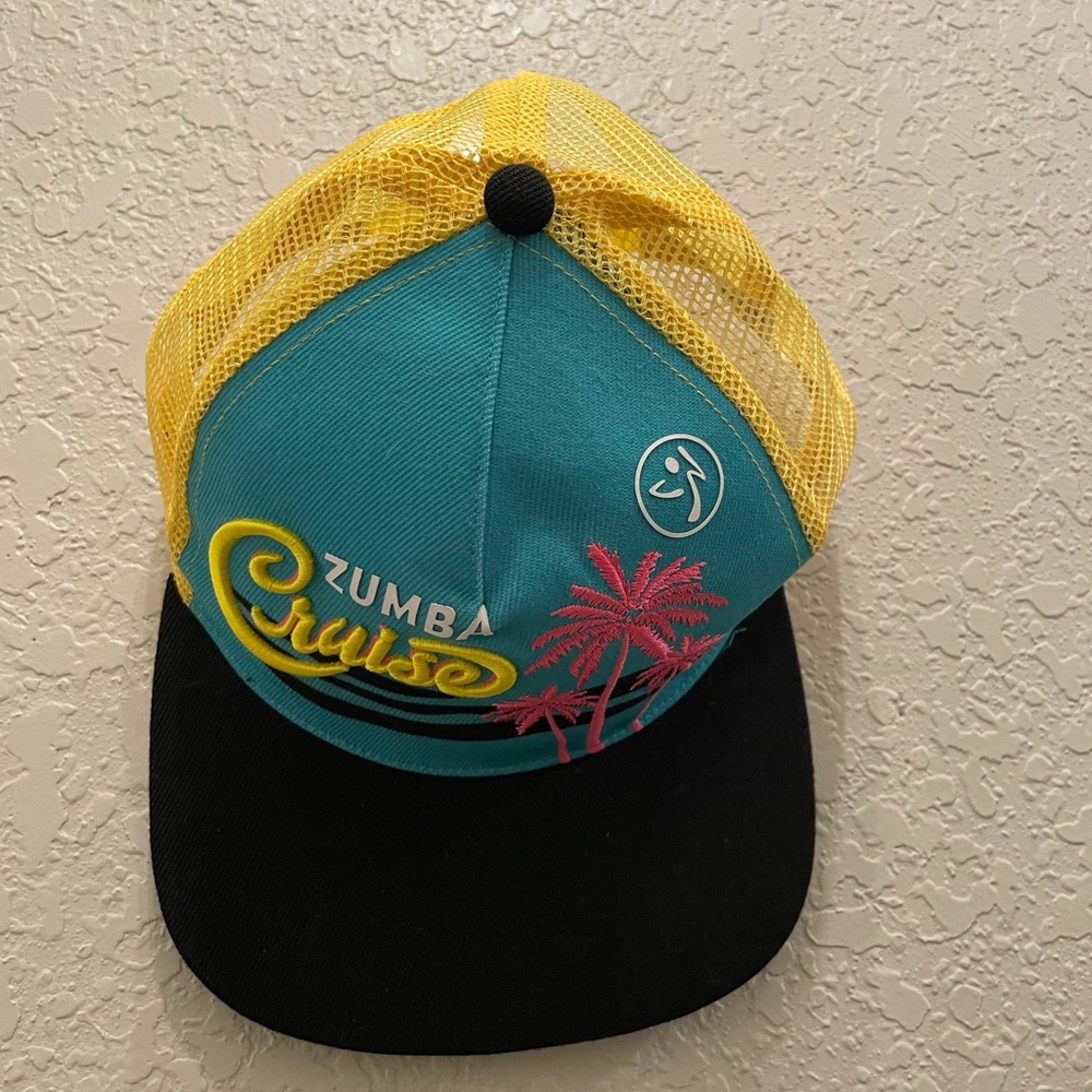Zumba Cruise 5 Panel Trucker Hat Teal/Yellow/Pink Palm Trees (Tropical) -Unisex
